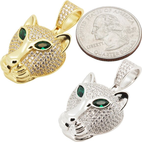925 Sterling Silver 14k Gold Vermeil AAA Cubic Zirconia Panther Pendant
